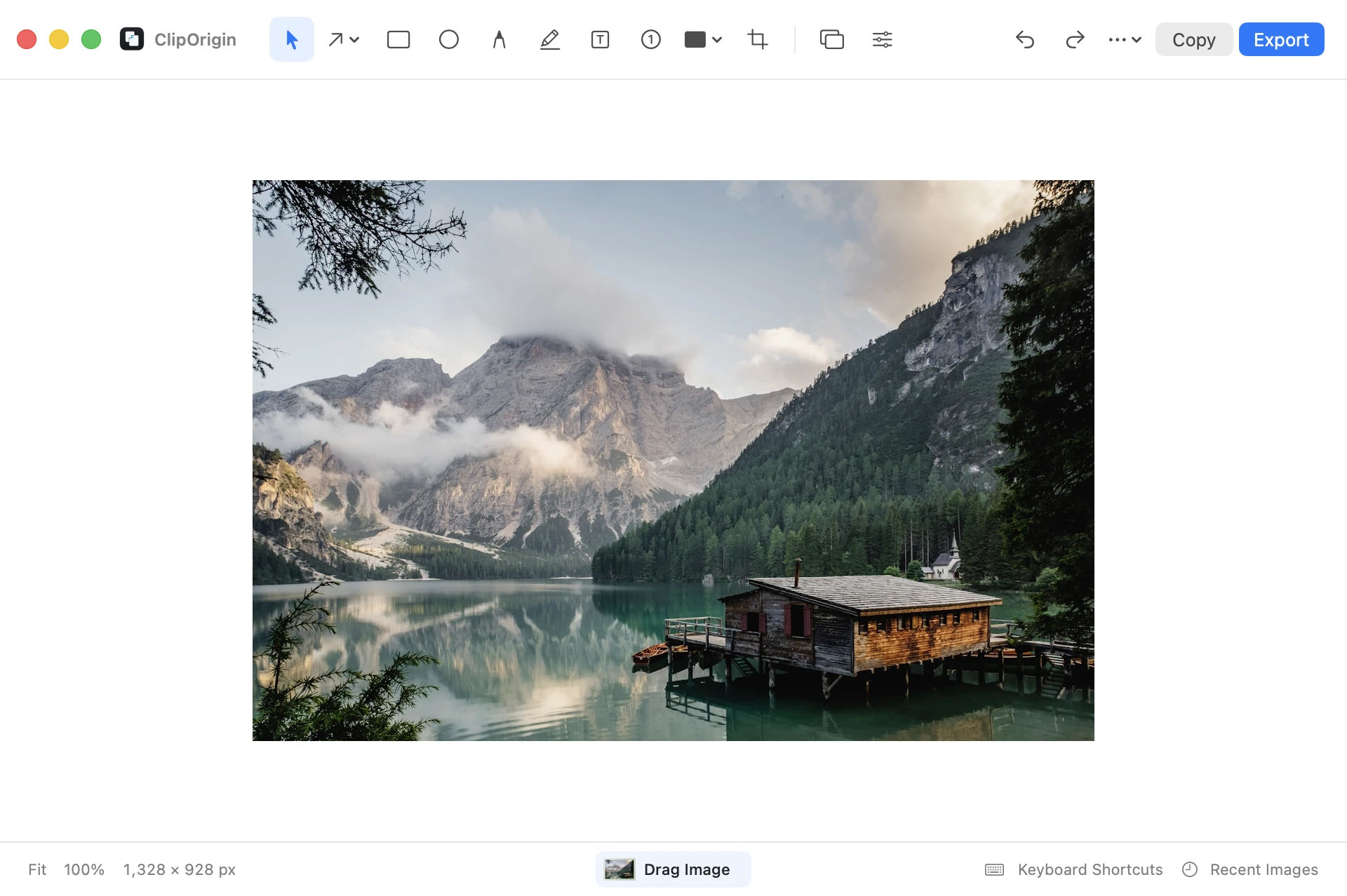 Echter Screenshot-Arbeitsbereich von ClipOrigin 1.12.5 mit öffentlichem Alpenfoto